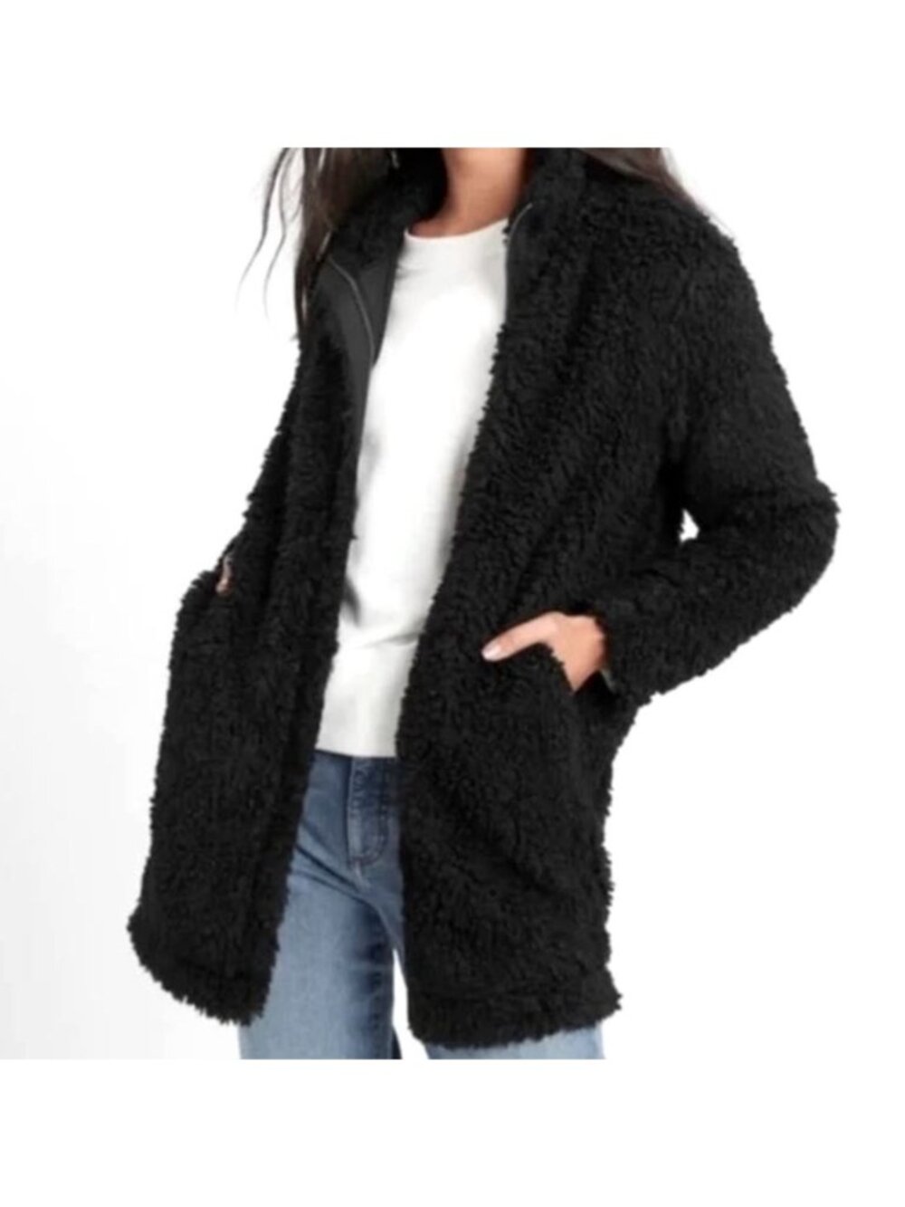 Banana Republic Black Teddy Sherpa Soft Fuzzy Coat Jacket‎ Size S Pockets Fleece